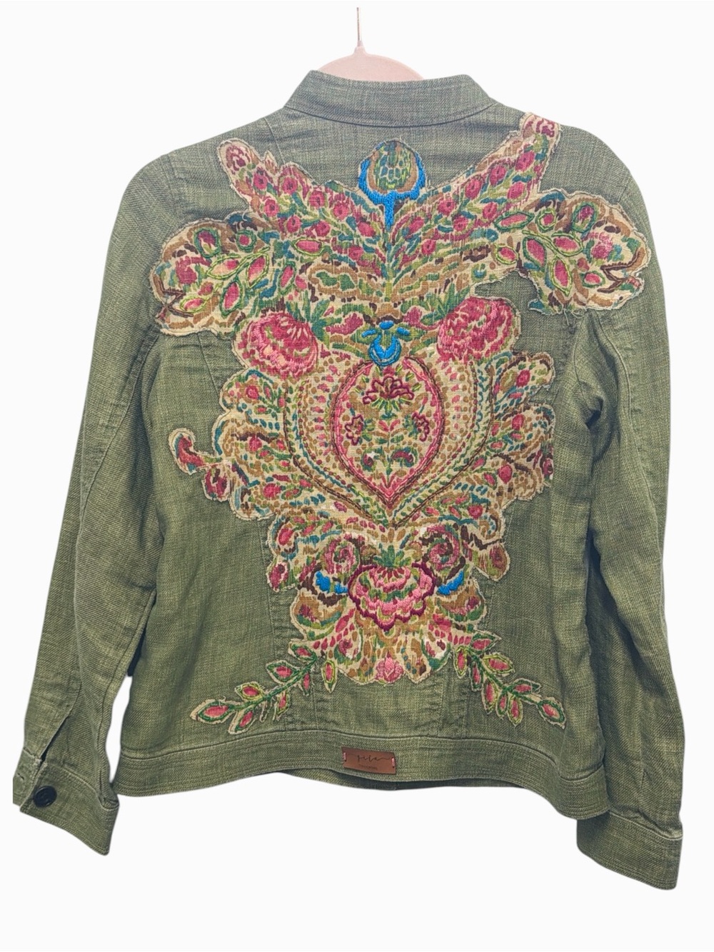 Amber Sun Linen Jacket Olive Green Boho Floral Statement Coat S